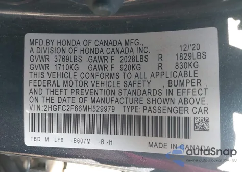 2021 Honda Civic Lx из США, поврежденный, VIN 2HGFC2F66MH529979